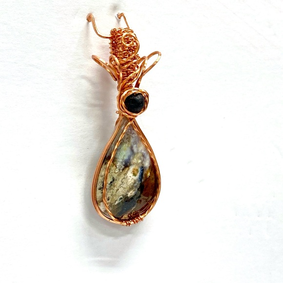 HANDCRAFTED Plume Agate Hand Wrapped Pure Copper Lava Bead Statement Pendant - Picture 6 of 10